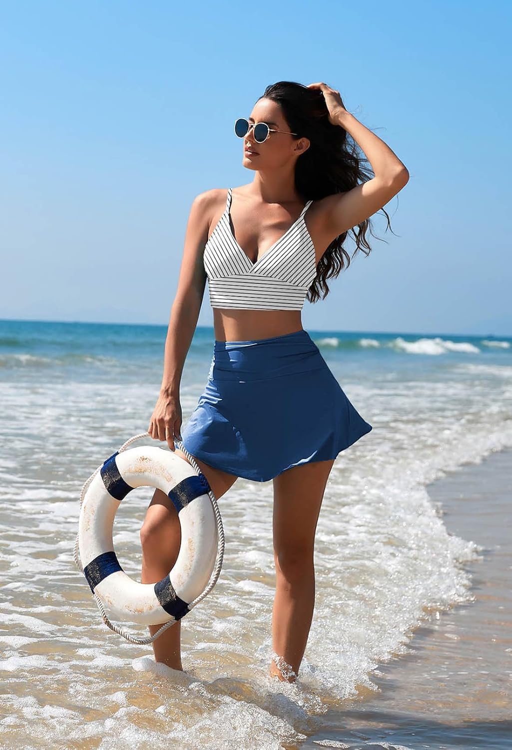 Pink Queen Women's High Waisted Bikini Set Two Piece Swimsuit V Neck Spaghetti Straps Swim Skirt Bathing Suit - Image 3