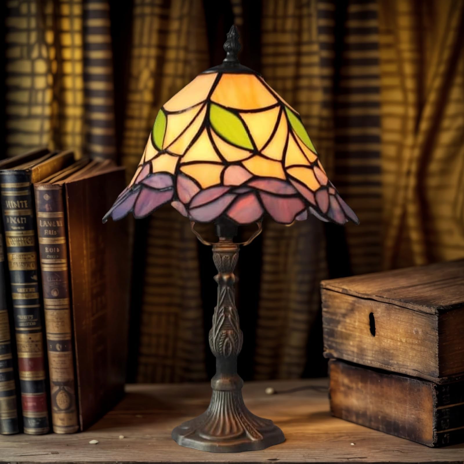 Tiffany Tischlampe 8 Zoll, handgefertigter Buntglas Lampenschirm mit Blumenmuster und Harzsockel, Vintage Tischleuchte für Schlafzimmer Wohnzimmer Büro – Leuchtmittel inklusive