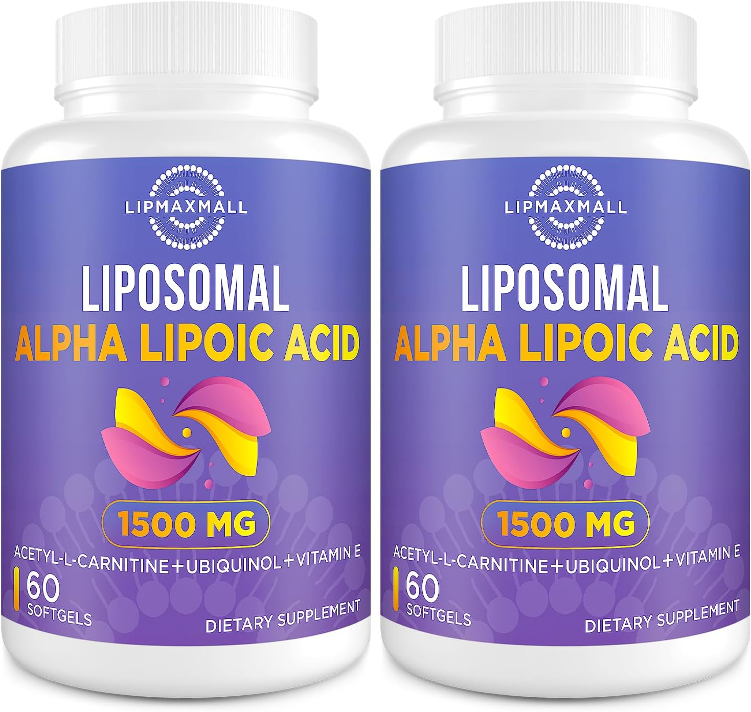lipmaxmall Liposomal Alpha Lipoic Acid 1500mg - with Acetyl-L-Carnitine 900mg & Ubiquinol 100mg & Vitamin E 15mg๏ผALA Supplement for Antioxidants Glucose Metabolism Nerve Energy,60 Softgels (2 Bottle)