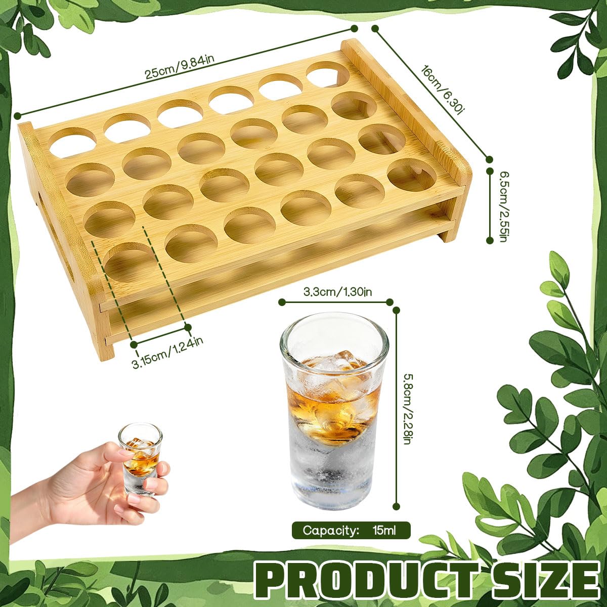 Lot de 24 verres à liqueur avec support en bois pour 24 verres à shot (15-20 ml, planche à liqueur pour bar, fête, club, whisky, brandy, plateau de service, bambou)