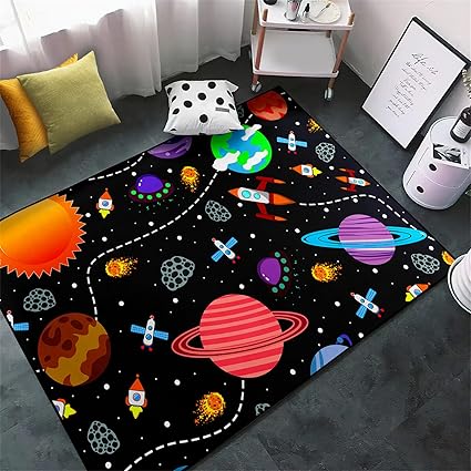 Solar System Rugs for Boys - 3'×4' Outer Space Children Play Area Rug Satellite Rockets Pattern Satellite Rockets Play Mat Rug for Boys Girls Galaxy Carpet Mat for Dinning Dorm Living Room