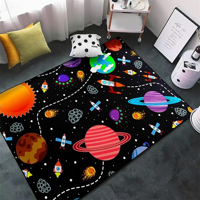 Solar System Rugs for Boys - 3'×4' Outer Space Children Play Area Rug Satellite Rockets Pattern Satellite Rockets Play Mat Rug for Boys Girls Galaxy Carpet Mat for Dinning Dorm Living Room
