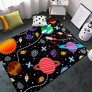 Solar System Rugs for Boys - 3'×4' Outer Space Children Play Area Rug Satellite Rockets Pattern Satellite Rockets Play Mat Rug for Boys Girls Galaxy Carpet Mat for Dinning Dorm Living Room
