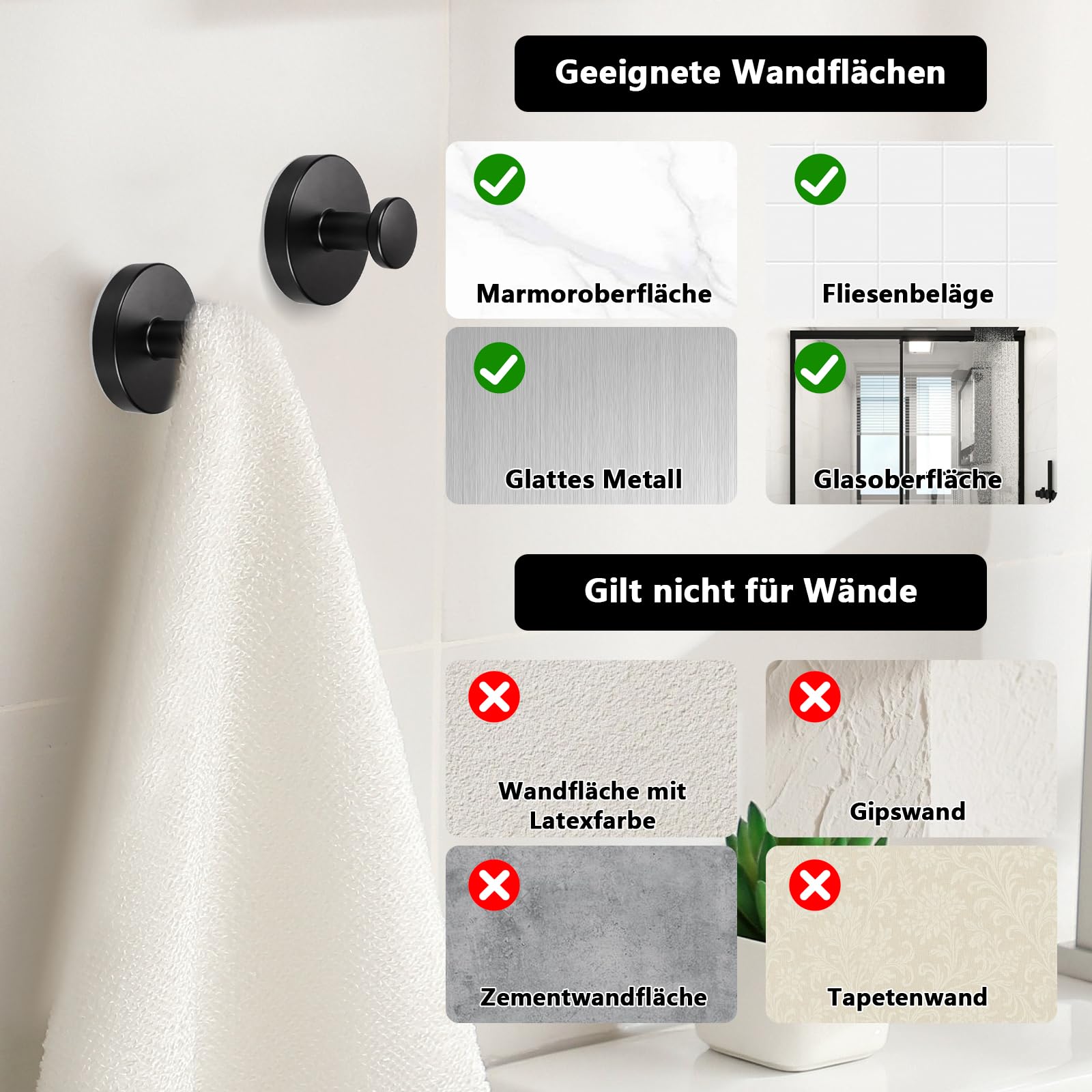 4 Pz Ganci a Ventosa Super Resistenti, Appendiabiti a Ventosa in Acciaio Inox Nero, Ventose con Gancio senza foratura, Appendi Accappatoio Bagno Cucina, Asciugamani, Cappotti
