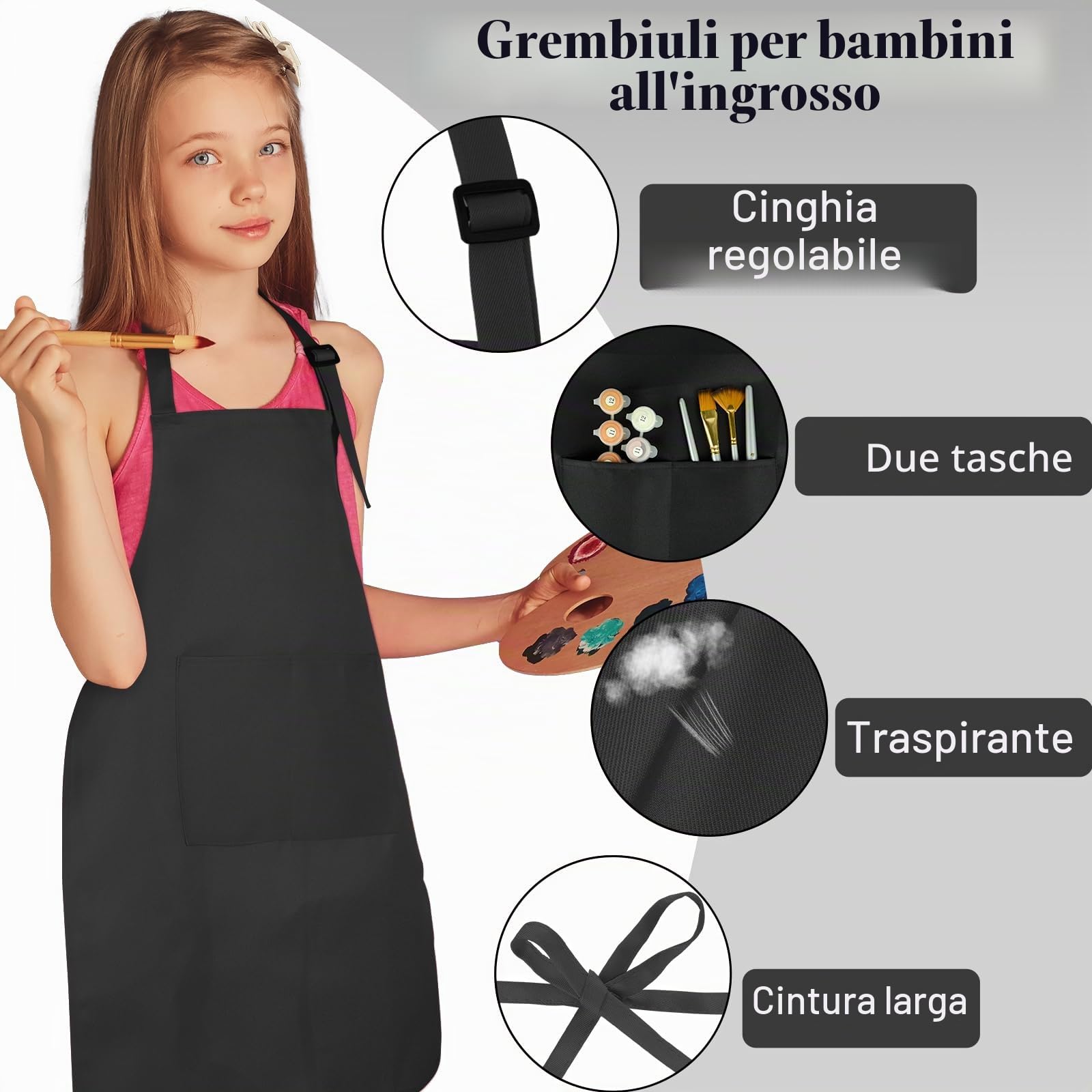 BOUBONI Grembiule per bambini, con 2 tasche, regolabile, da chef, per pittura, cucina, pasticceria, pittura e artigianato