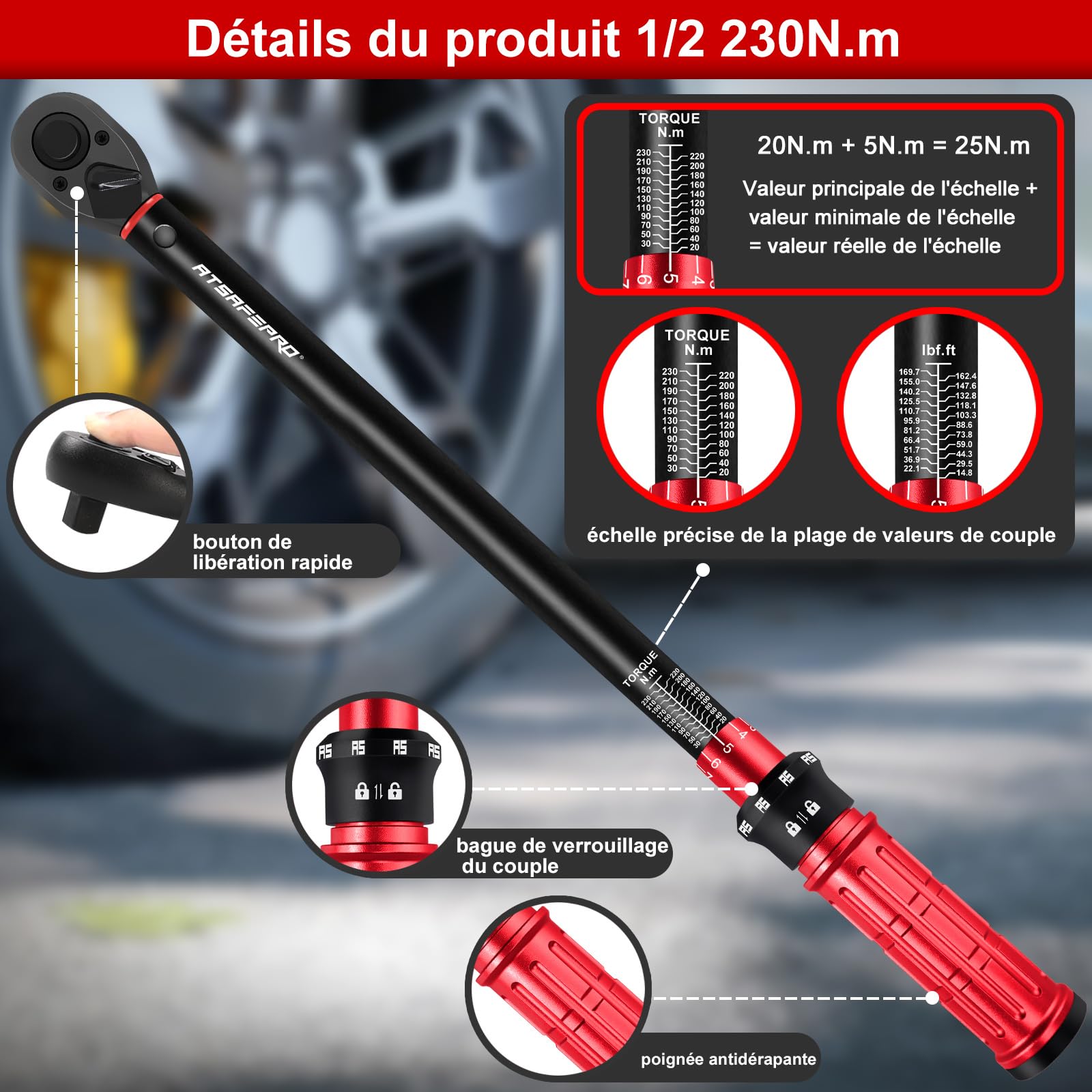 ATsafepro Clé Dynamométrique 1/2" 20-230 Nm,avec Adaptateur 1/2" à 3/8" et Barre d'Extension 125 mm,Précision ±3% 72 Dents pour Voiture, Moto, Camion