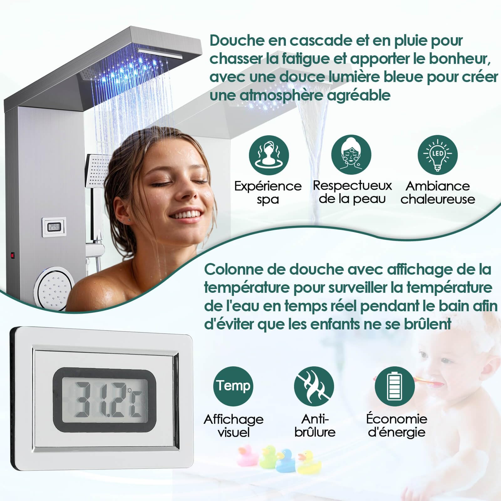 ROVOGO Colonne Panneau de Douche Hydromassante LED avec Robinetterie et Affichage, 5 Modes - Douche de Cascade, Pluie, Douchette, Jets de Massage, Bec de Baignoire, Brossé Acier Inox, Montage Mural