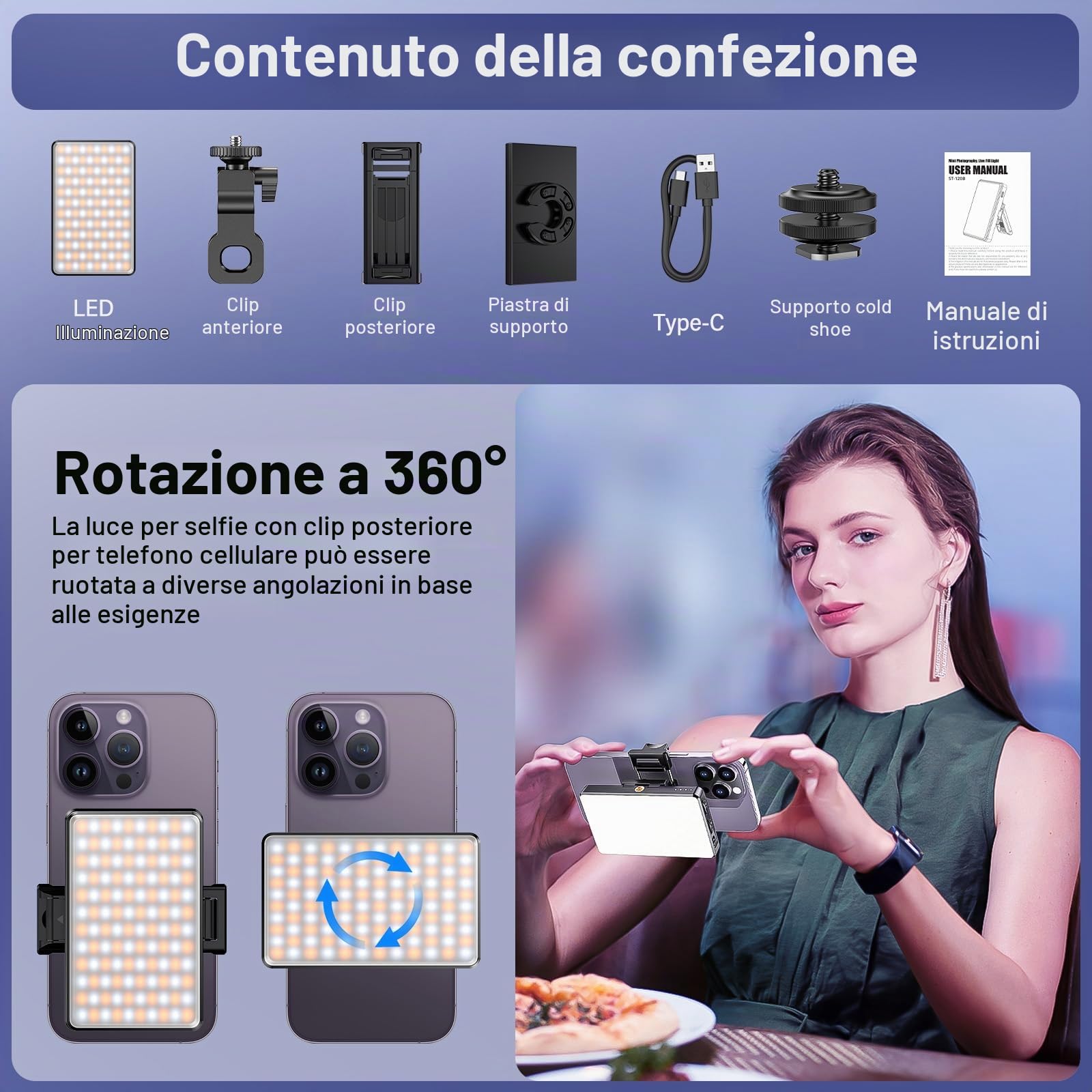 Luce per Video LED, Luce per Foto Portatile Dimmerabile 2500-9000K CRI 95+ 3000mAh Batteria 120 LED con einen Mini-Polarisator und einen Clip, Lampada per Foto per Telefono/iPad/Laptop/Fotocamera