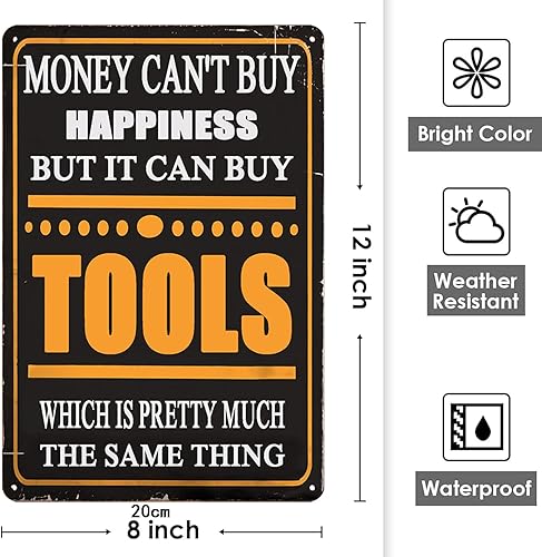 Miniatura 3 de Tommery Letrero de metal vintage con texto en inglés Man Cave Garage, Money Cant Buy Happiness But It Can Buy Tools, divertido letrero de metal para
