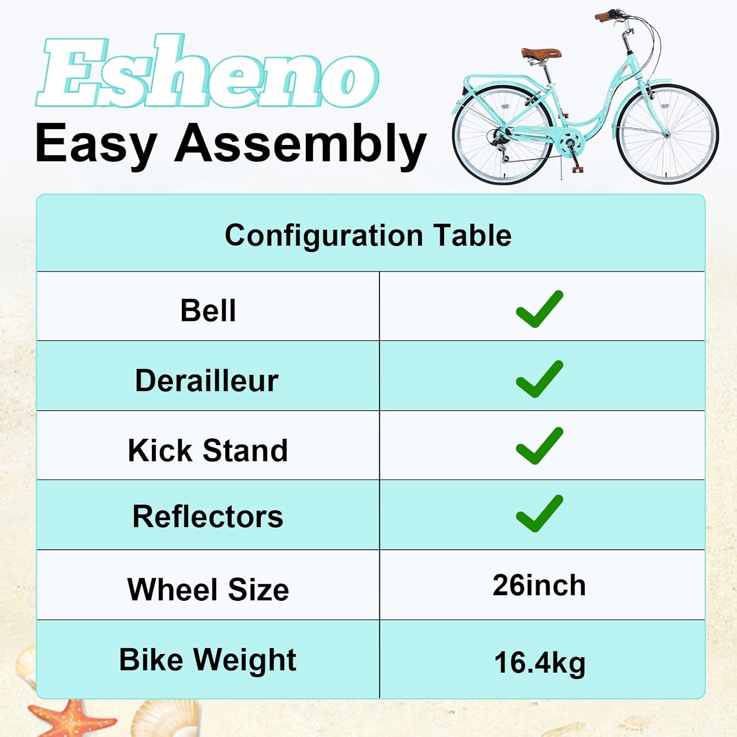 26 Inch Beach Cruiser Bike for Women, Hybrid Cruiser Bike with Adjustable Seat, 7 Speeds Commuter Bike with Anti-Skid Tires& V-Brakes, Lightweight Carbon Steel Bike for Women, Multiple Colors