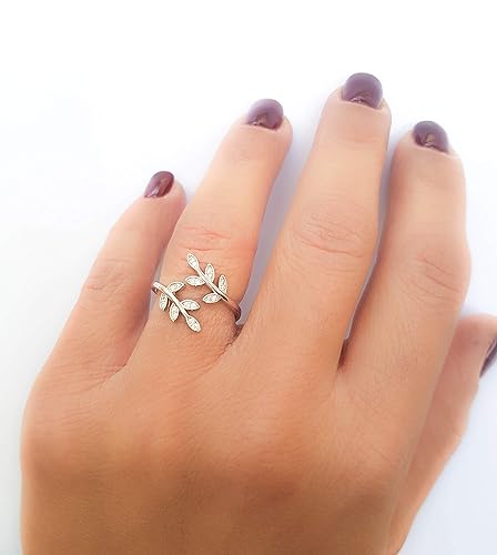 Miniatura 7 de Sterling Silver 925 Clear CZ Ring Leaf Laurel Nature Branch Adjustable Band Tiny Diamonds