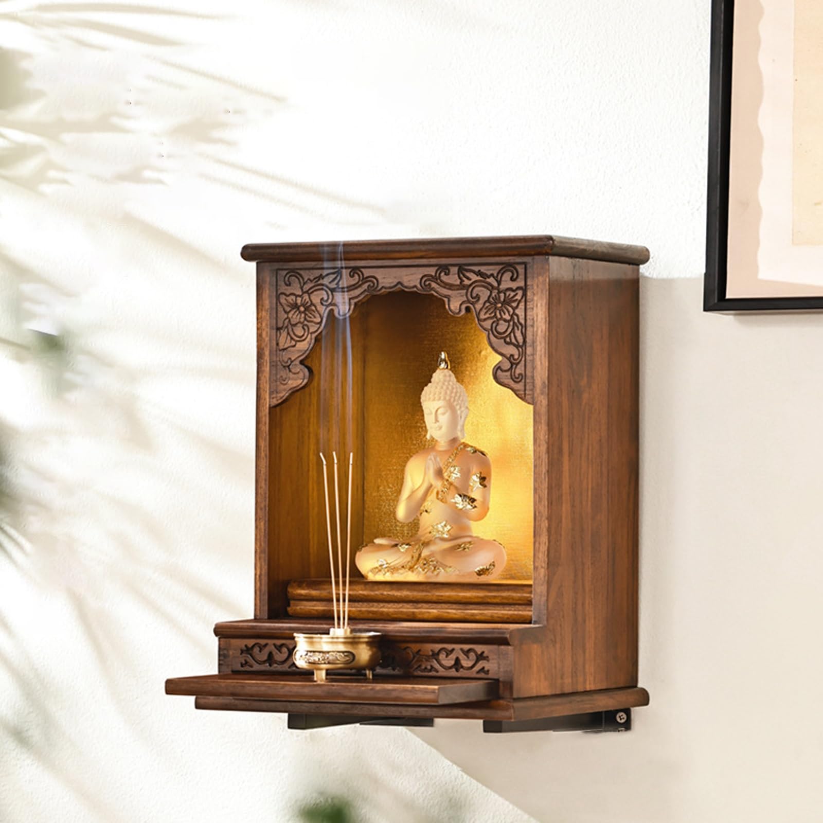 Stuijkvsz Wall-Mounted Buddhist Altar Frame With Retractable Pull-Out Shelf For Personal Shrine, Suitable Home Prayer And Worship Of Guanyin Or Buddha Statues(Wall-Mounted)