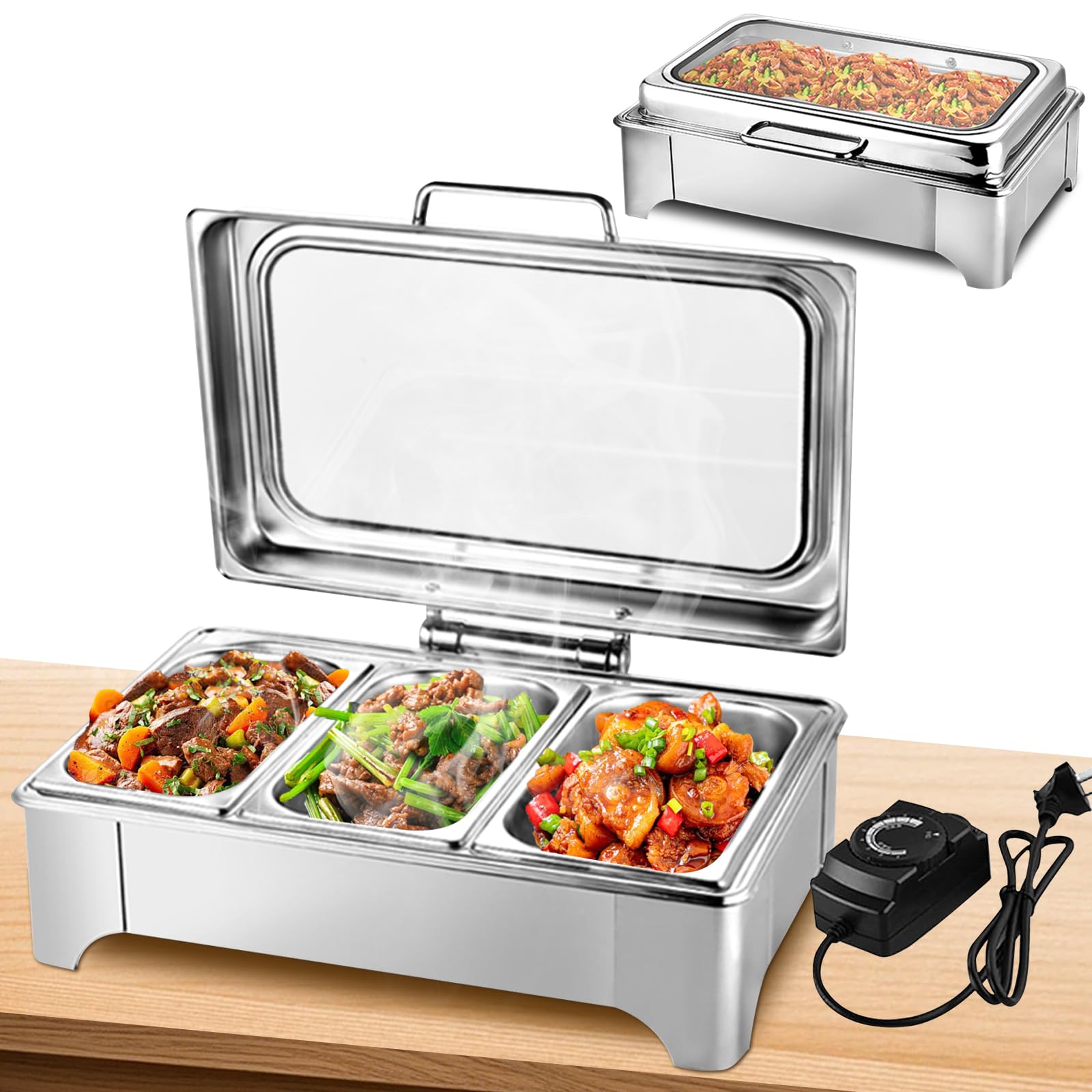 Chafing Dish Electrico 9L, Temperatura Ajustable 30-85℃ (1/3) | Calentador de Buffet de Acero Inoxidable, Profesional Calentador de Comida Electrico para Buffet, Catering y Fiestas