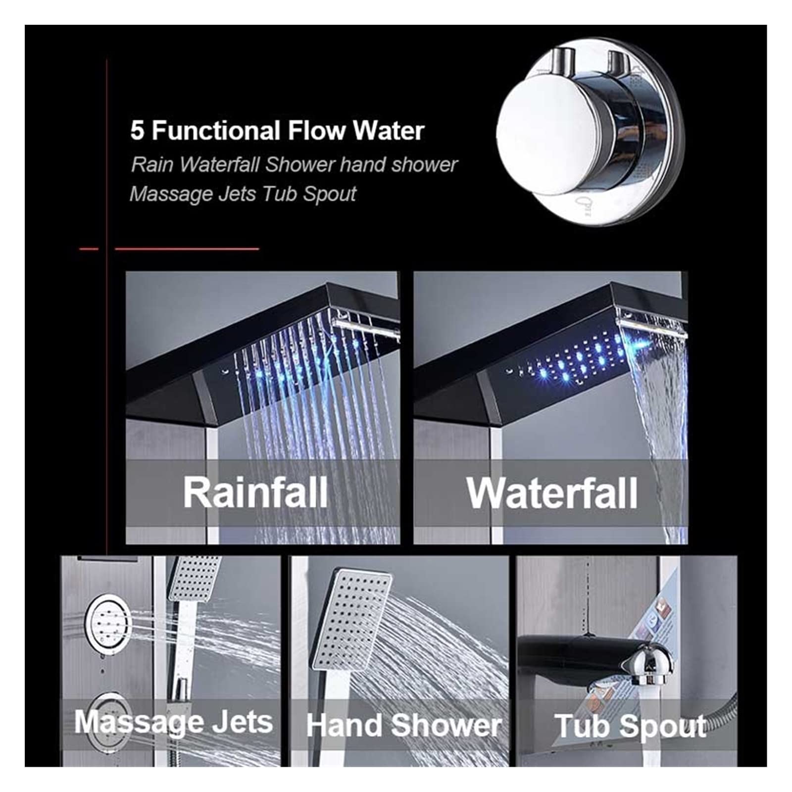 Nichel Nero LED Rain Waterfall Shower Rubinetto Set Pannello Doccia Colonna Ugello Multifunzionale Massaggio Spa Jet Temperature Screen(Black Nickel 9004)