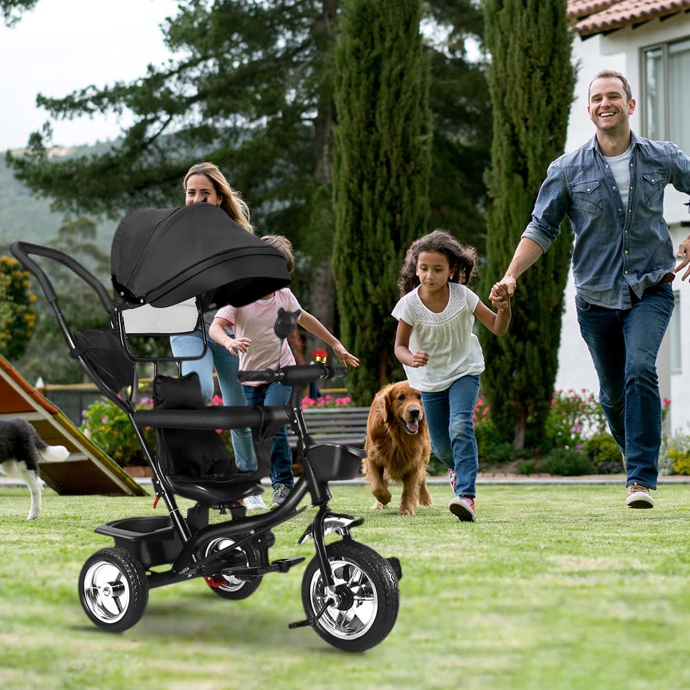 Tricycle Évolutif Bébé 4 en 1 – Poussette Canne Compacte et Multifonction, Position Allongée, Guidon Réglable, Pliable, Roues Anti-Crevaison, Jusqu’à 22 kg（Noir）