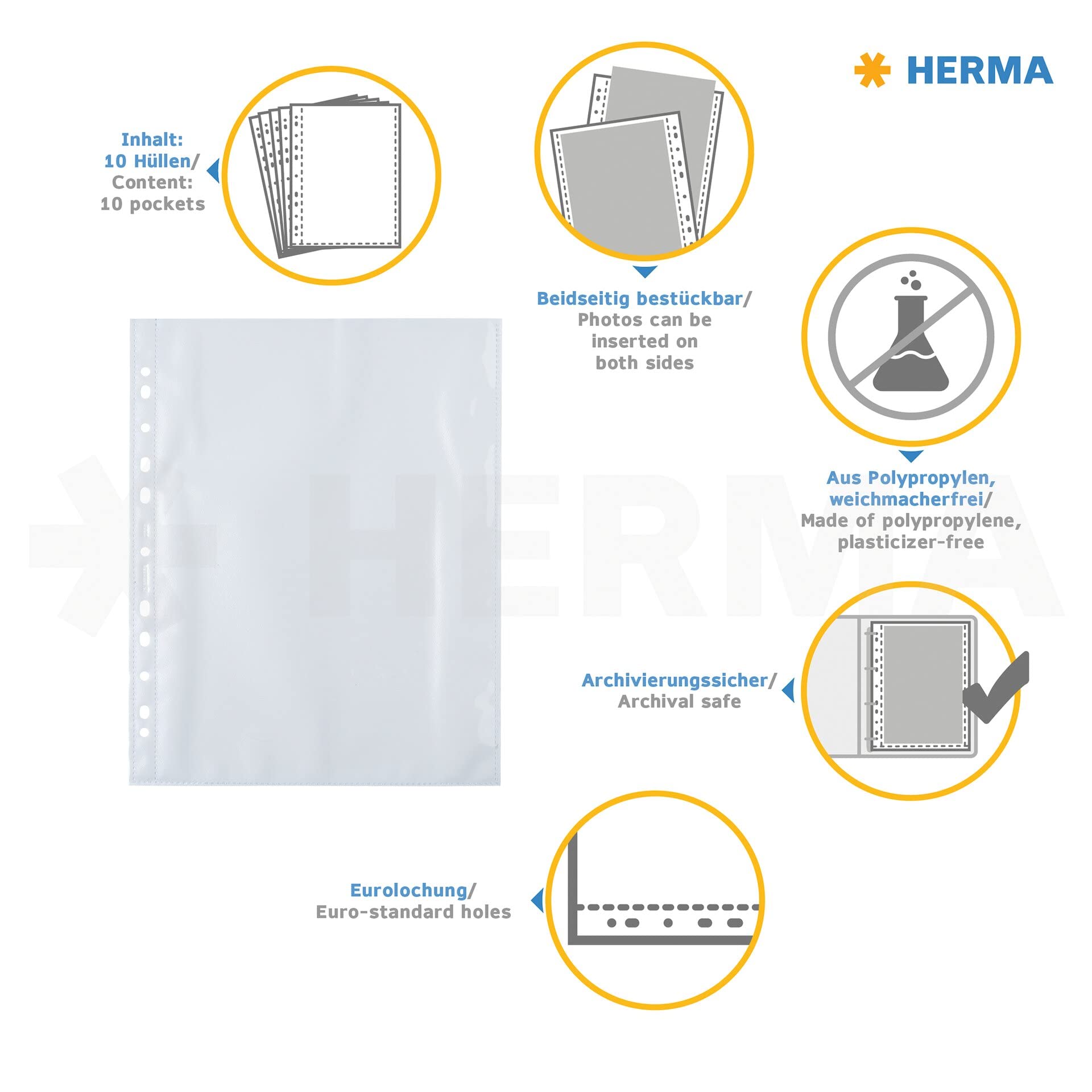 HERMA 7566 Fotohüllen für Ordner, 250 Stück, 20x30 cm, 1 Fach, beidseitig bestückbare Fotophan Fotosichthüllen Sammelhüllen Postkartenhüllen Prospekthüllen mit Eurolochung, weiß