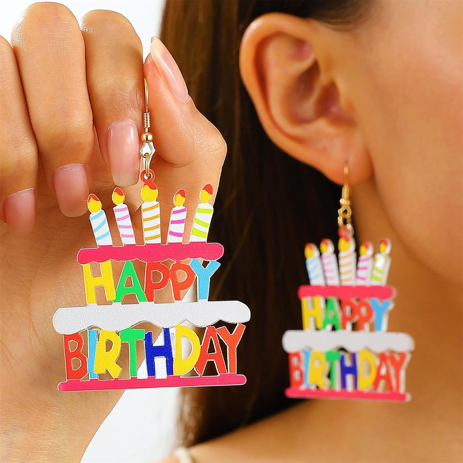 Birthday Cake Earrings Funny Sweet Colorful Acrylic Cakes Candle Happy Birthday Letter Lightweight Dangle Drop Earrings for Women Celebration Birthday Party Holiday Fashion Jewelry Gifts - Image 3