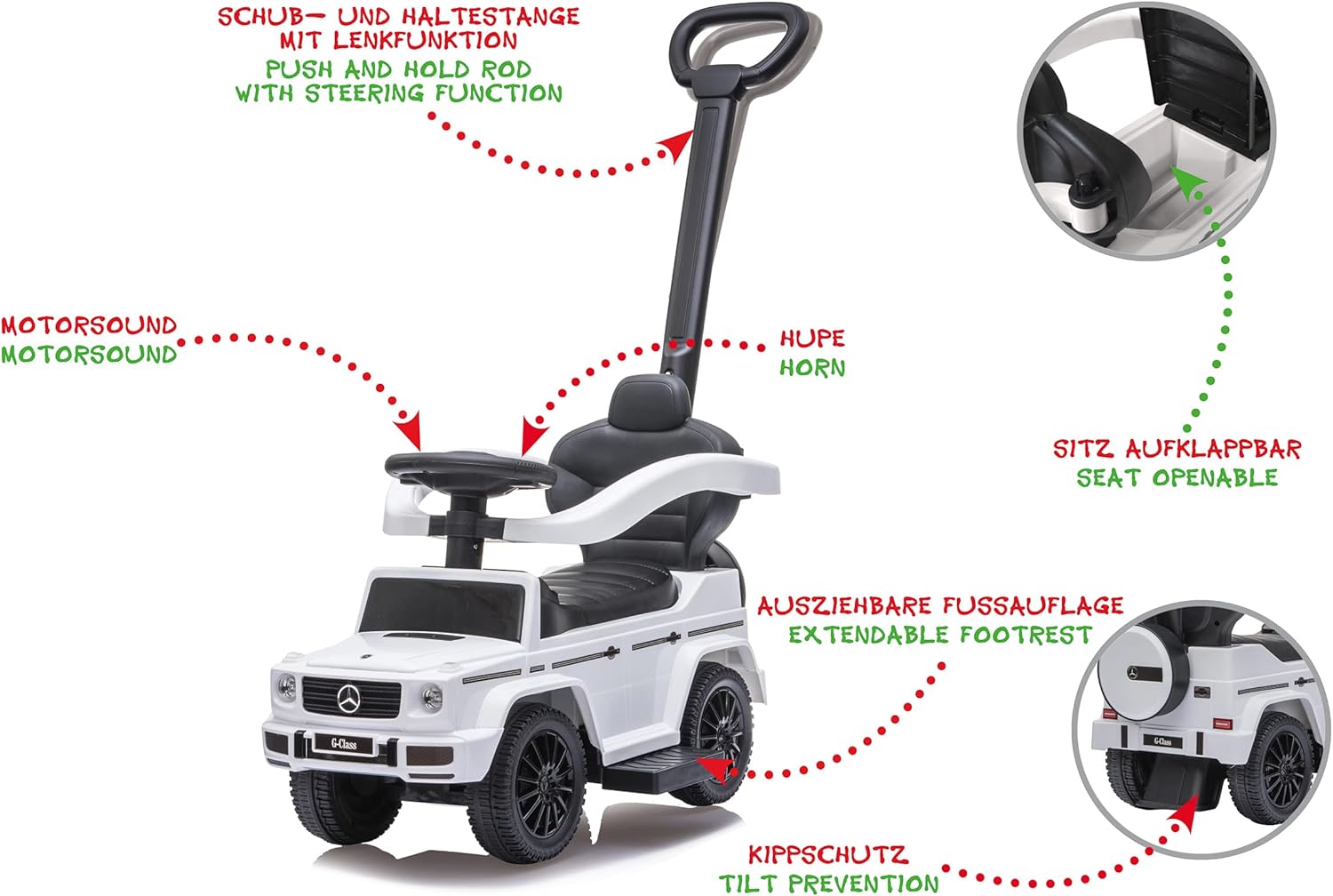 Diagram showing various features of the ride-on toy including push handle, horn, motor sound, openable seat, extendable footrest, and tilt prevention.