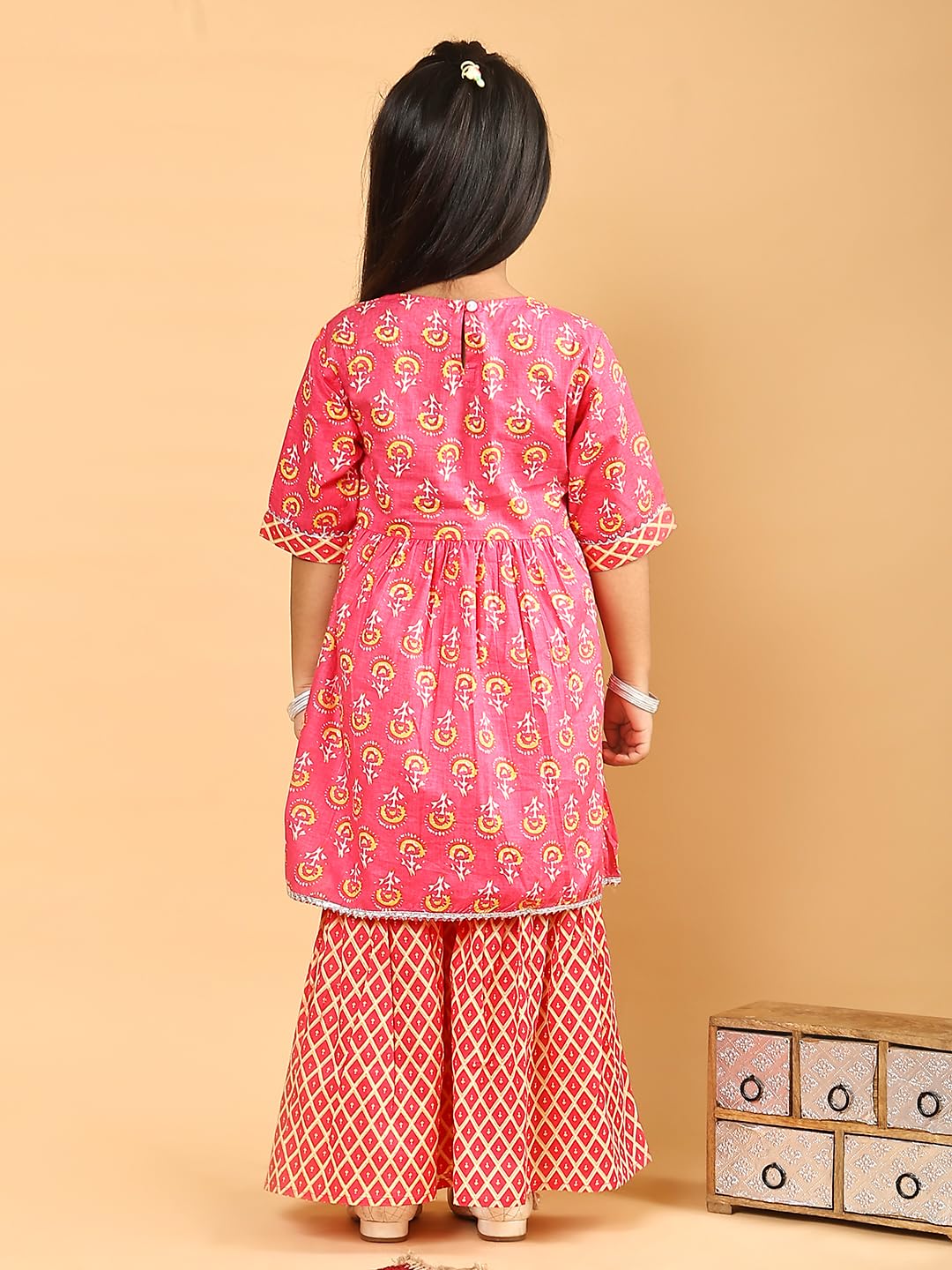 superminis Baby Girls Cotton Sanganeri Printed Frock Style Kurti With Printed Sharara Dress (6-12 Months, Light Pink) 2