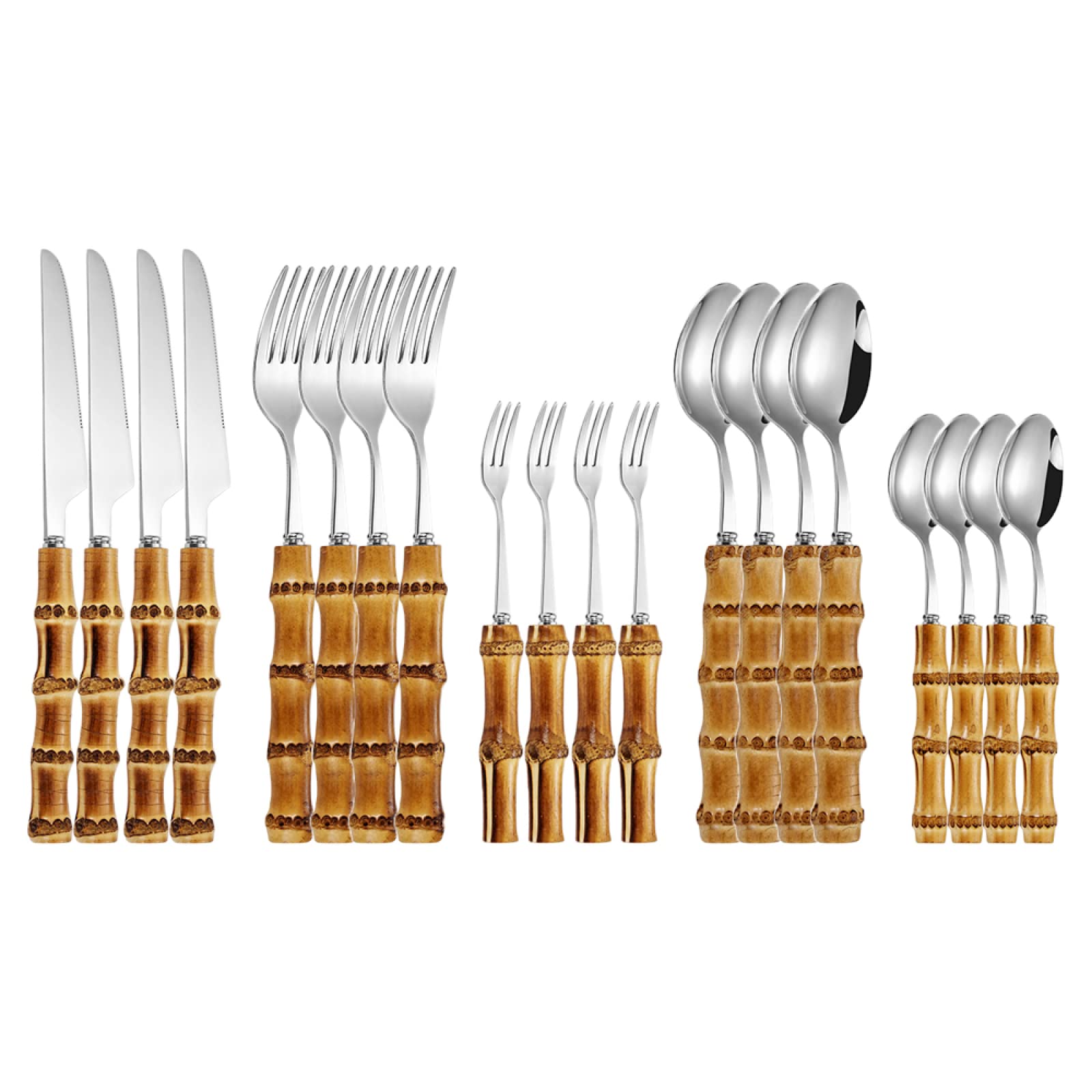 Set Di Posate Set Di Stoviglie In Bambù Manico Naturale In Acciaio Inossidabile Stoviglie Retrò Coltelli Da Bistecca Forchetta Da Tavolo Cucchiaio 20Pz