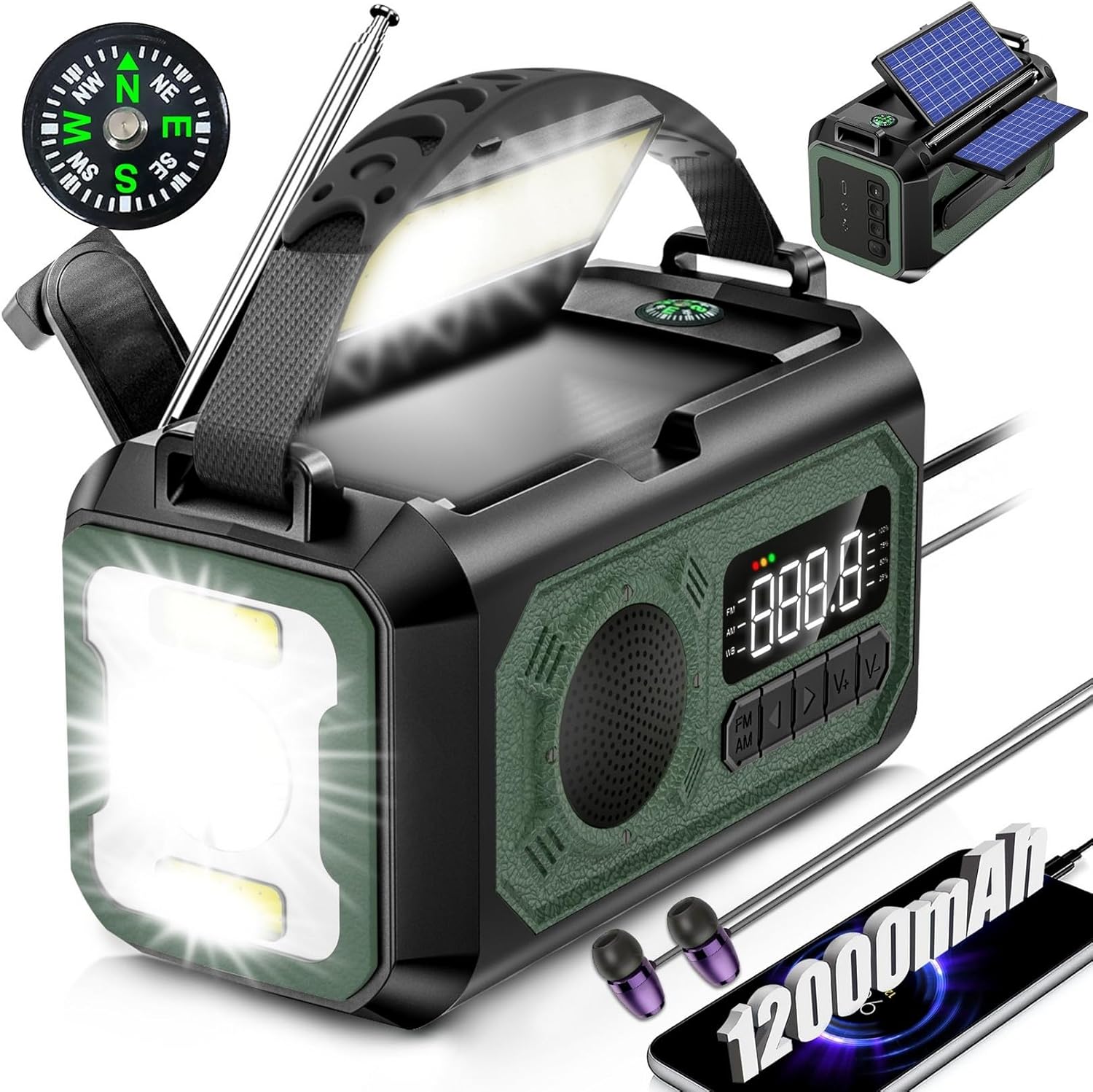 44400mWh Hand Crank Emergency Weather Radio, SNGKMSYG 12000mAh NOAA/AM/FM Portable Solar Crank Radio with Flashlight Cell Phone Charger SOS Alarm Compass Reading Lamp for Outdoor (Grass Green)