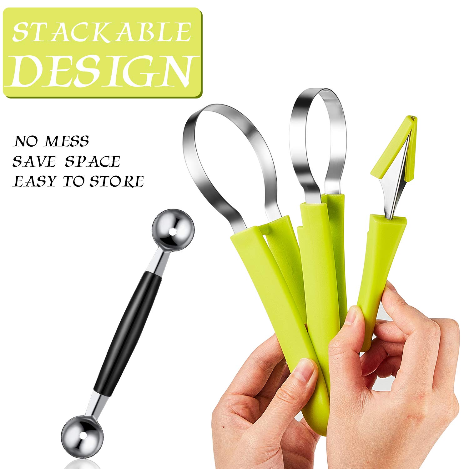 Patelai 2 Pieces Melon Baller Scoop Set, 4 in 1 Fruit Cutters Stainless Steel Watermelon Scooper and Ice Cream Baller for Dig Pulp Separator Fruit Slicer - Image 3
