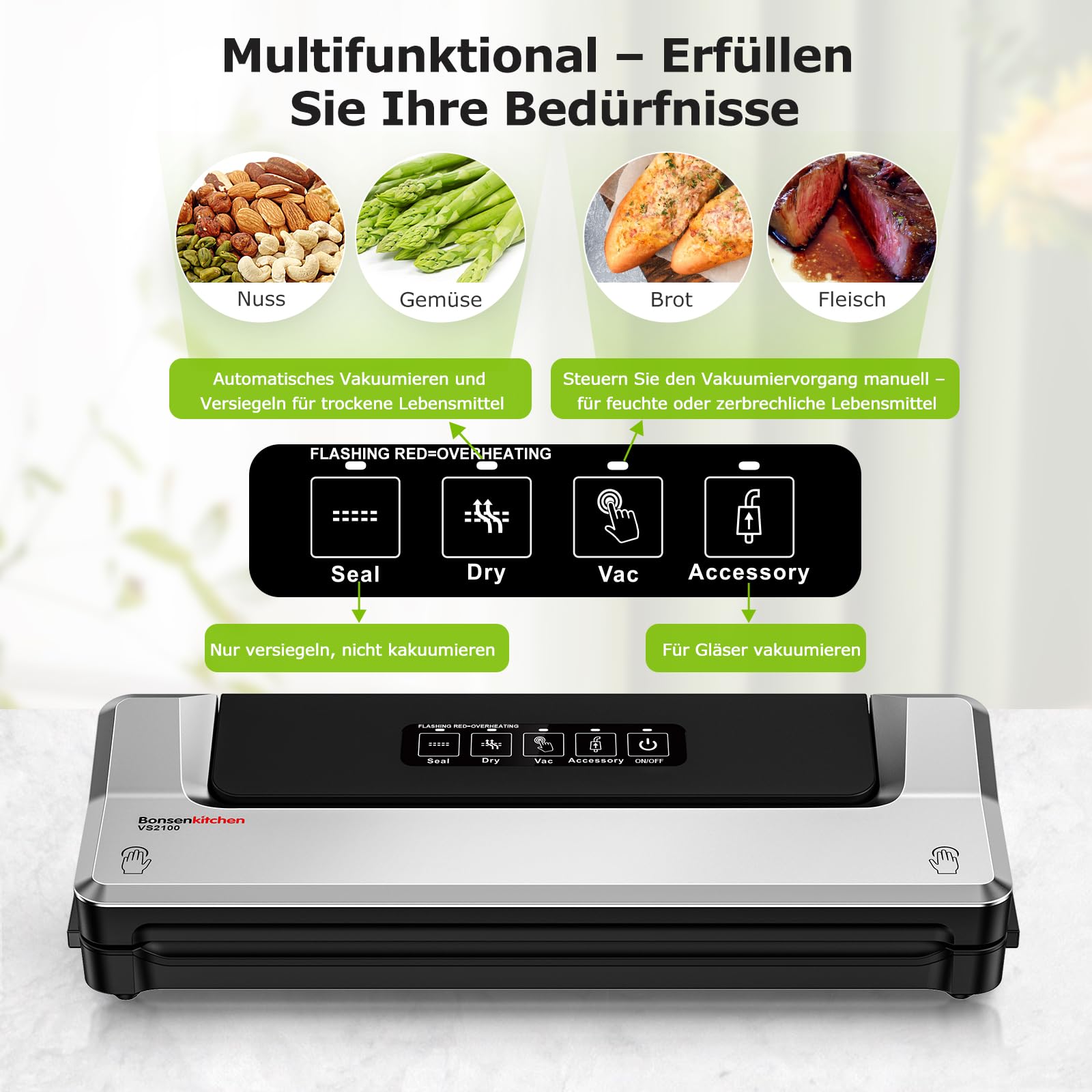 Bonsenkitchen Vakuumiergerät Vakuumierer Folienschweißgerät für Sous Vide Kochen, 5 Vakuumbeutel Inklusive