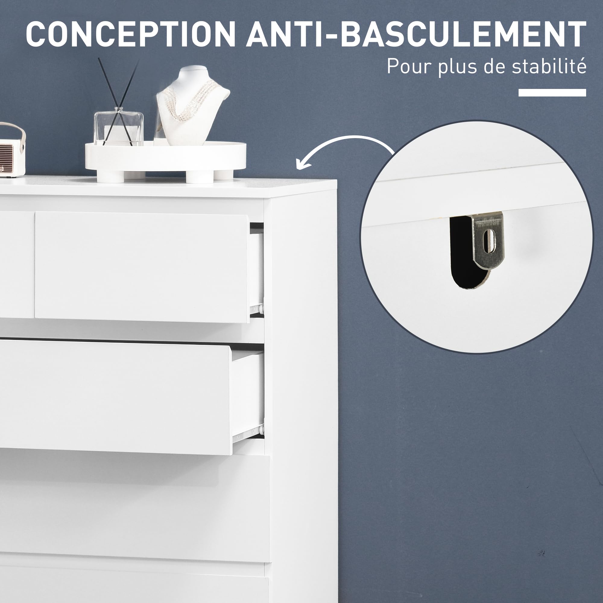 HOMCOM Commode 6 tiroirs, Meuble de Rangement étroit sans poignées, Style Moderne, Commode pour Chambre à Coucher, Salon, Couloir, 80 x 39 x 115 cm, Blanc