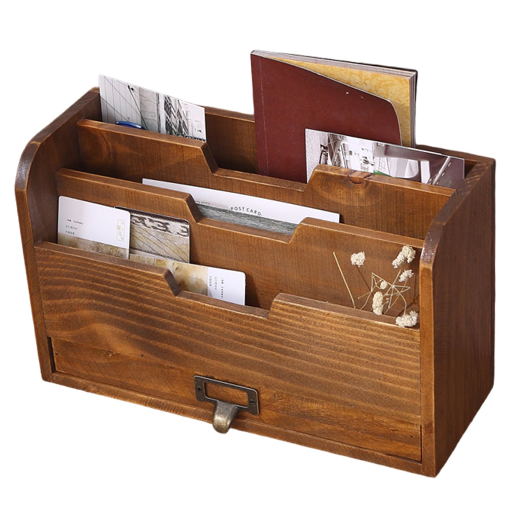 Portalettere, portalettere in legno a 3 scomparti con cassetto, organizer da scrivania marrone retrò per cartelle, posta, buste.