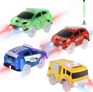 Tracks Cars Replacement only, Toy Cars for Tracks Glow in The Dark, Racing Car Tracks Accessories with 5 Flashing LED Lights, Compatible with Most Car Tracks for Kids Boys and Girls(4pack)