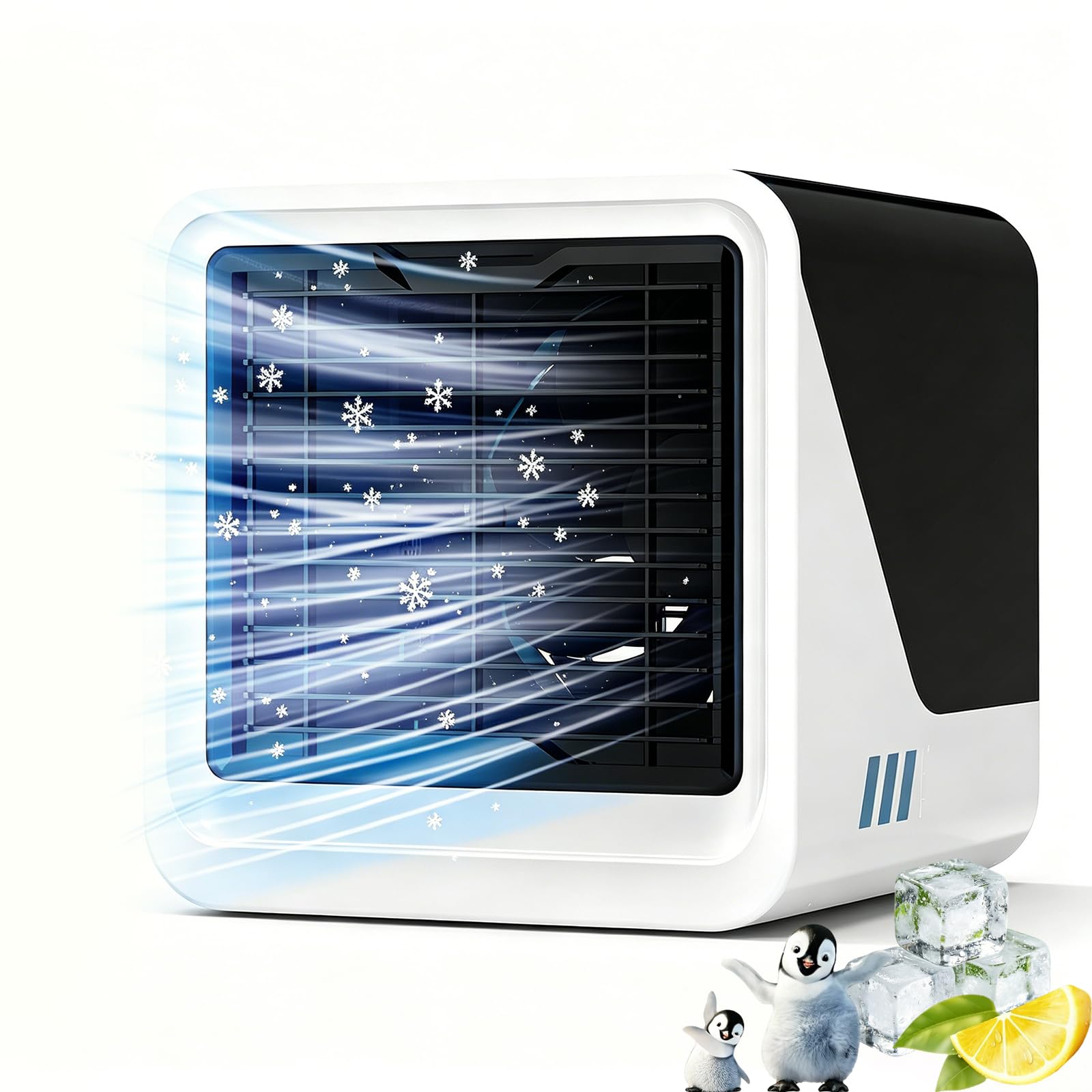 Climatiseur Mobile 3 en 1, Rafraîchisseur d’Air Silencieux avec Réservoir 500ML, USB Ventilateur Portable par Eau, 3 Vitesses, Lumière LED 7 Couleurs, sans évacuation, pour Chambre, Bureau