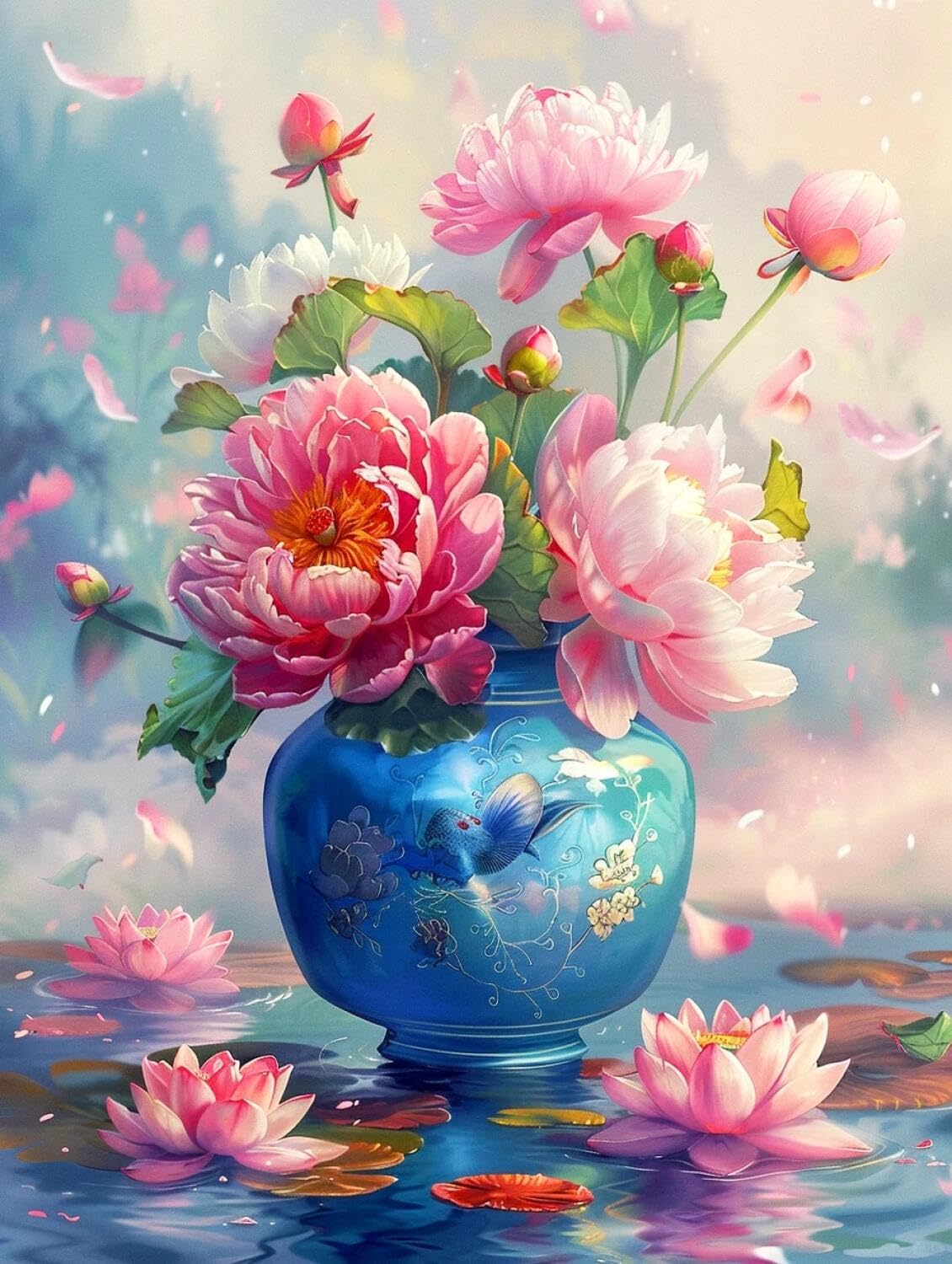 AxiangziK DIY Stamped Cross Stitch Kits Peonies in a vase 11CT 50x70cm