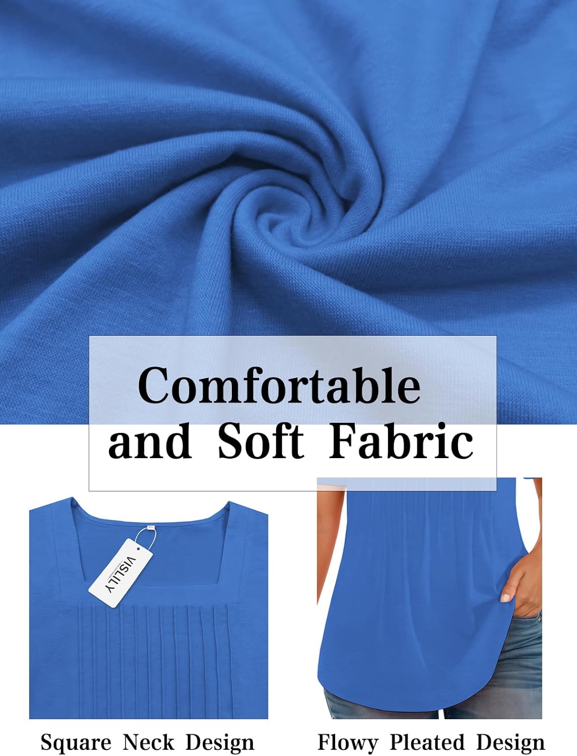 VISLILY Plus-Size-Womens-Summer-Tops Trendy Square Neck T Shirts Cute Flowy Pleated Tunics Casual Short Sleeve Blouses XL-5XL - Image 4