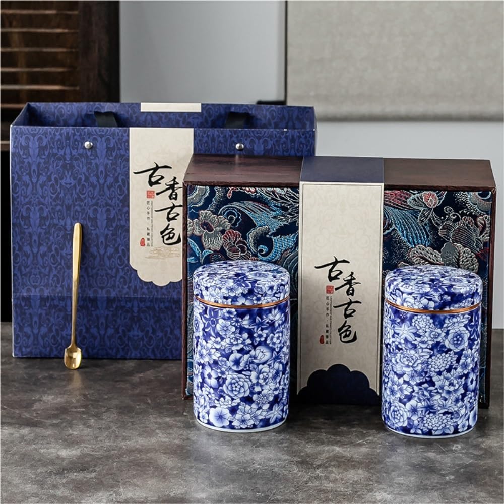 Barattoli per il Tè Sfuso Contenitore for la conservazione del tè sfuso, lattina sigillata in porcellana blu e bianca, lattina di tè vuota, set regalo con lattina singola/doppia Barattolo per il Tè Er