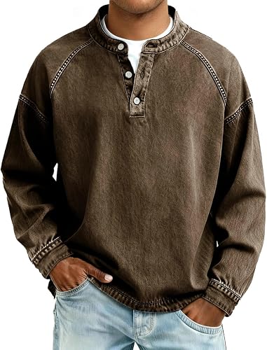Mens Denim Henley Shirt Button Vintage Washed Casual Long Sl
