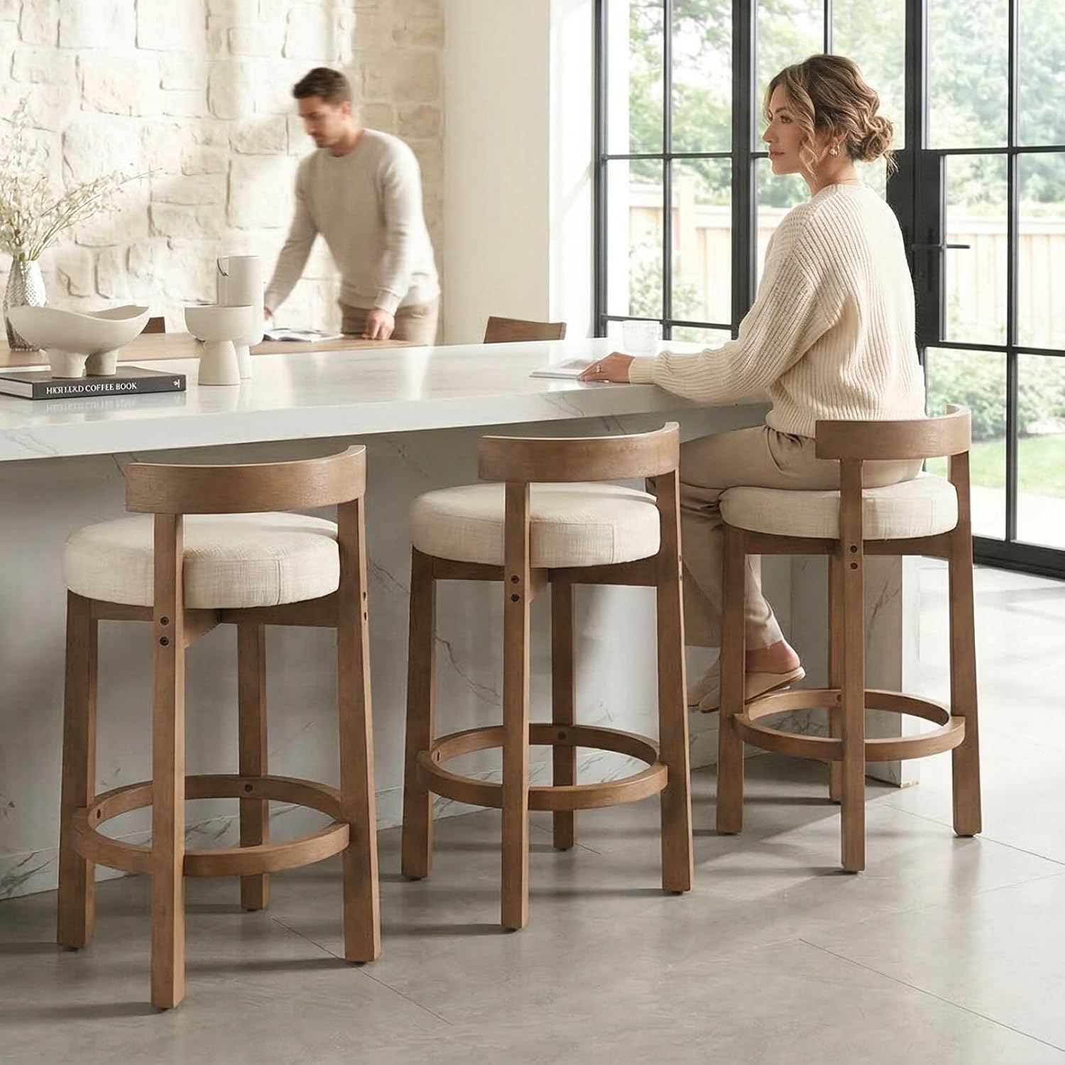 DUOMAY Modern Bar Stools Set of 2, 26" Counter Height Stools, Armless Round Wood Barstools Kitchen Island Stool with Linen Seat for Home Bar Coffee Shop, Beige
