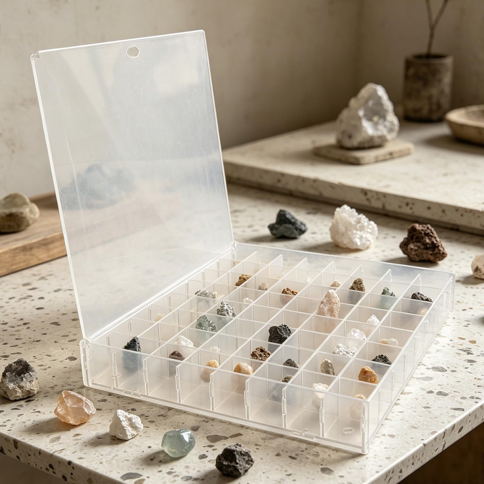 Vitrina Expositora Acrílica para Colecciones de Minerales y Cristales con 64 Compartimentos y Puerta, Adecuado para Habitaciones Compactas y Montaje en Pared