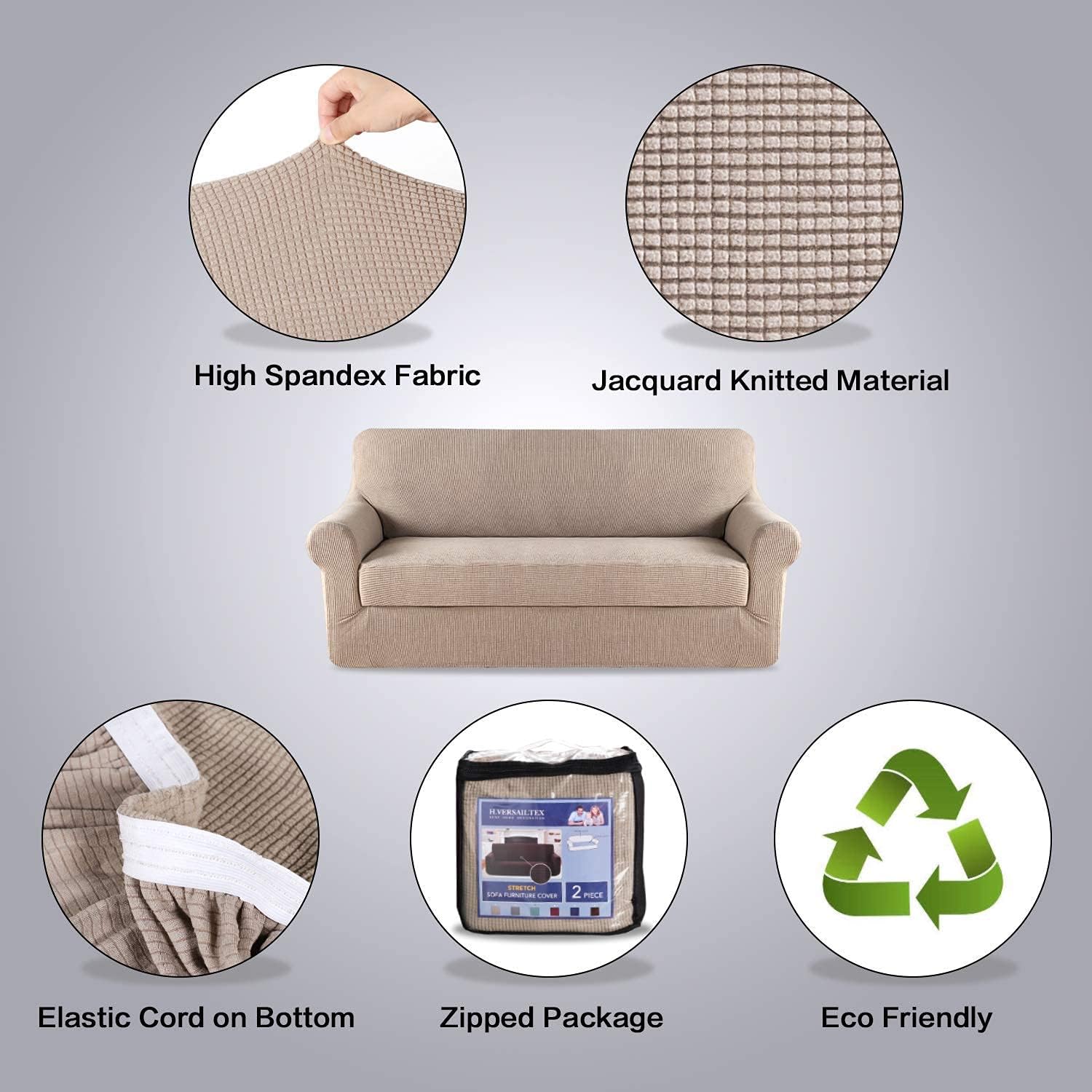 H.VERSAILTEX Stretch Sofa Covers for 3 Cushion Couch Bundle 2 Pieces Loveseat Cover Spandex Sofa Cover Bundle Stretch Chair Slipcover, Sand