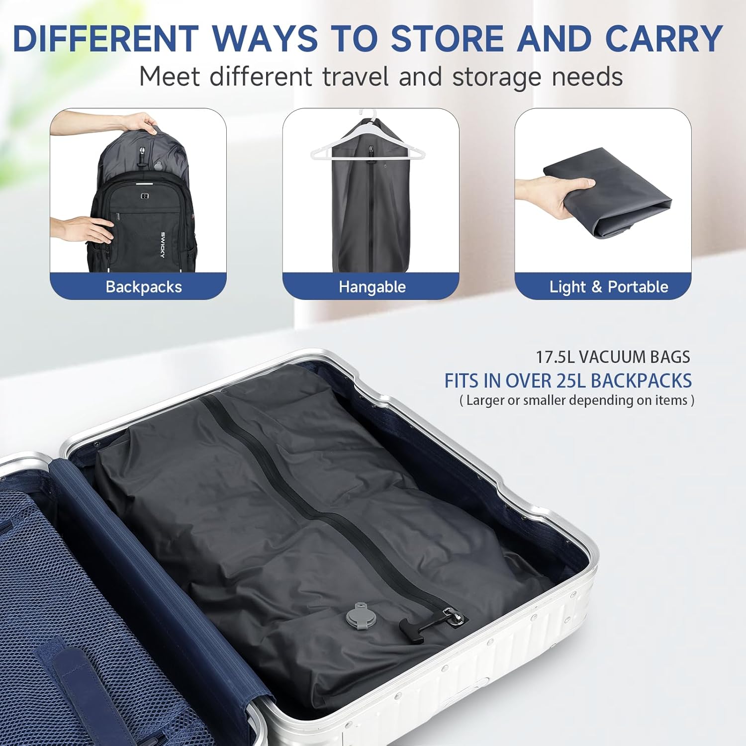 Vacuum bags for travel,17.5L Reusable compression bag with Waterproof Zipper, Space Saver Bags for Suitcases Backpack Travel and business(1PC No Pump) - Image 5