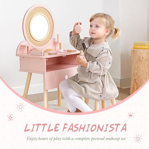 Miniatura 2 de OOOK Juego de mesa y silla para niños, tocador rosa para niñas con 11 accesorios, suficiente para maquillaje real y simulado, tocador para niños de