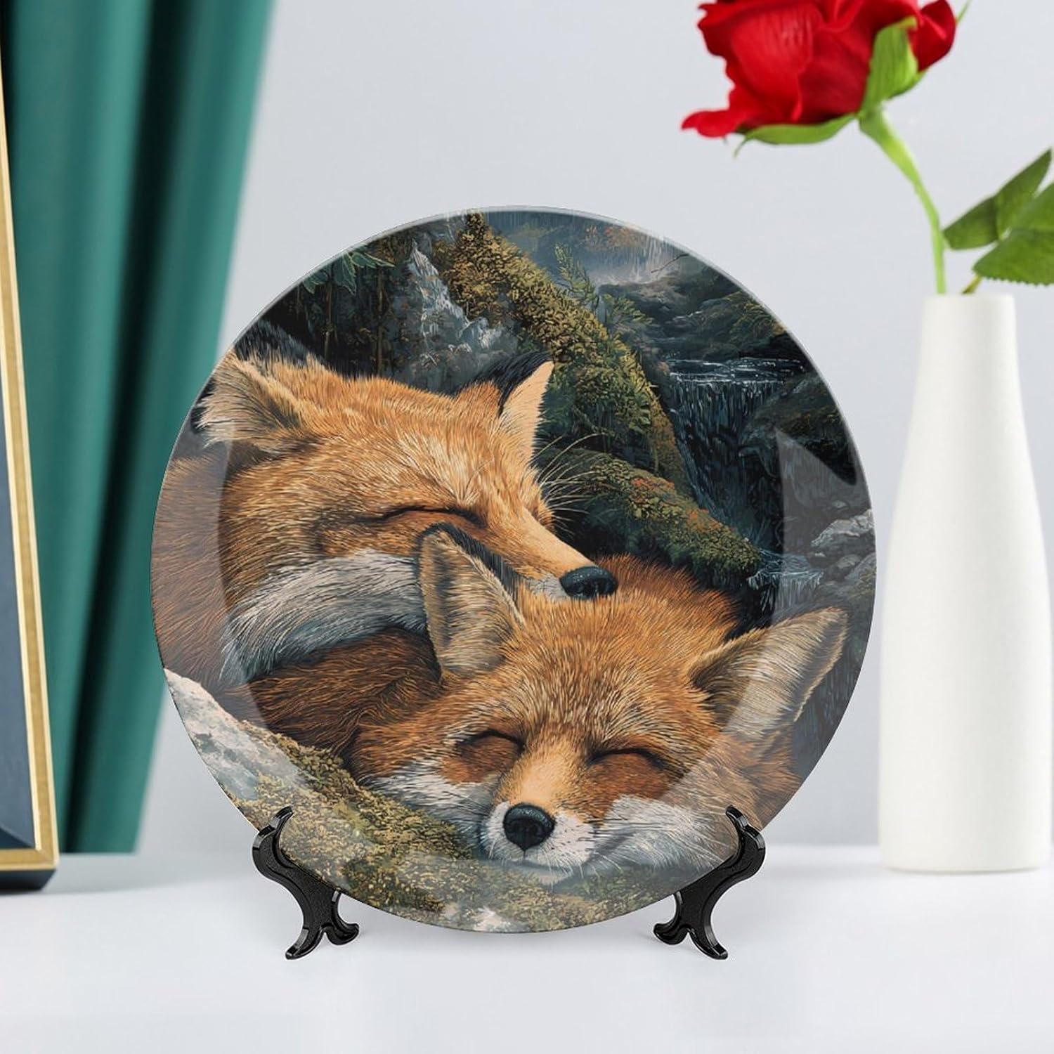 Foxes Resting In Mountains Decorative Plates for Display Ceramic Plate Tray with Stand Hanger Home Decor
