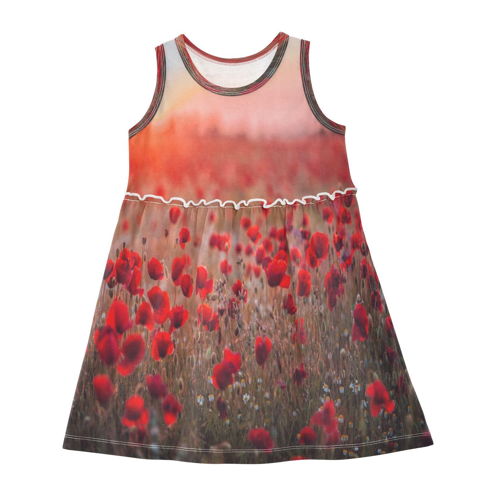 HMZXZ Vestidos de niña rojo amapola flores puesta de sol sin mangas vestido de verano vestido de algodón casual vestido para 2-8 años primavera verano