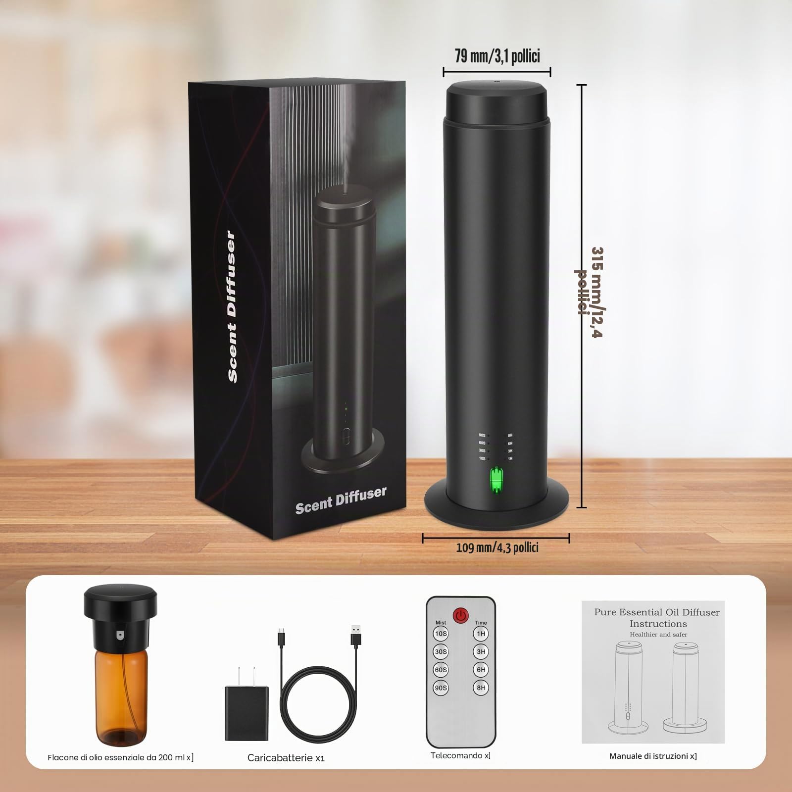 Diffusore di profumo senza acqua per oli essenziali per hotel, intere case, ampi spazi, uffici, casa, 200 ml, grande capacità, portata 135 m². (nero) (XL)