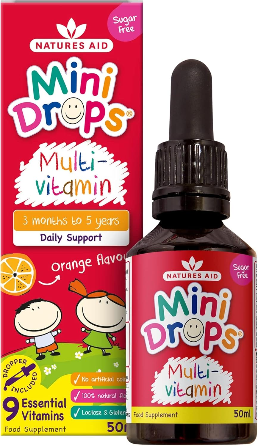 Natures Aid Mini Drops Multi-Vitamin for Babies & Kids 50ml – 9 Essential Vitamins Support Growth & Immune Health for Children Age 0-5 Years Old – Sugar Free Vegan Non-GMO Gluten-Free Dropper Included