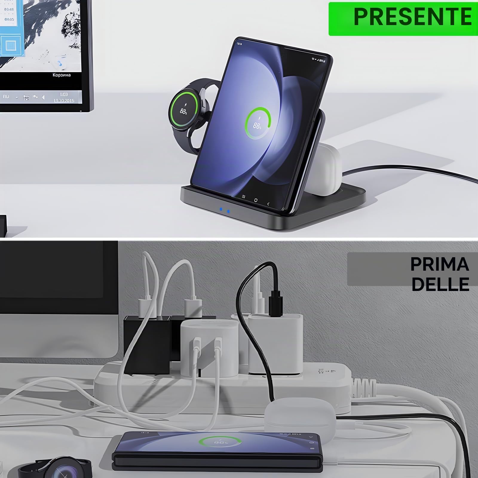Qoosea 15W Caricatore Wireless con Samsung Z Fold 5/4/3/2, Stazione di Ricarica Wireless per Galaxy Z Flip/S24/S23/S22/iPhone/Google, Caricabatteria Senza Fili con Galaxy Watch 6/5/4/Active/Buds