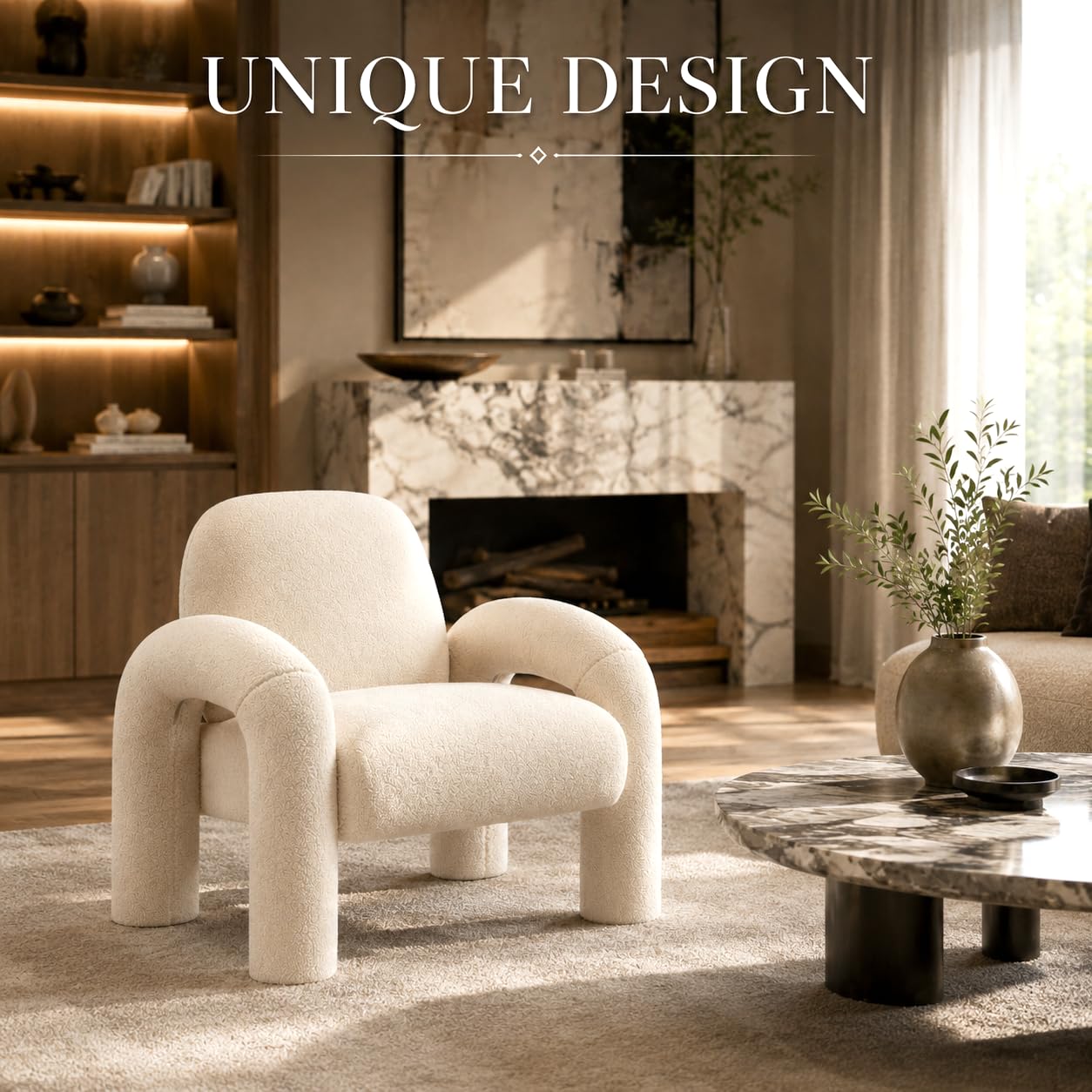 Sessel Loungesessel Einzelsofa aus Boucle Lia - Einzelsessel Armlehnstuhl Polsterstuhl Sofa bis 120kg - eleganter Armsessel Loungesofa Relaxsessel für Wohnzimmer Schlafzimmer (Weiß)