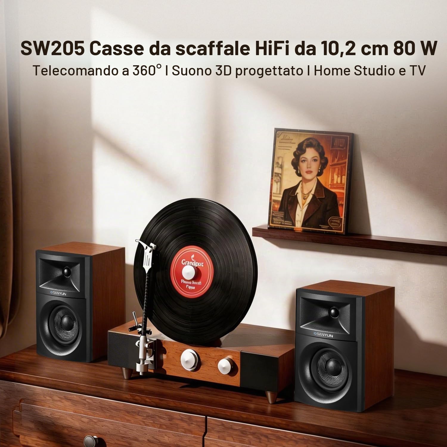 Sanyun SW205 Casse da Scaffale 2.0 4", Scena Sonora Espansa, Dual-DSP