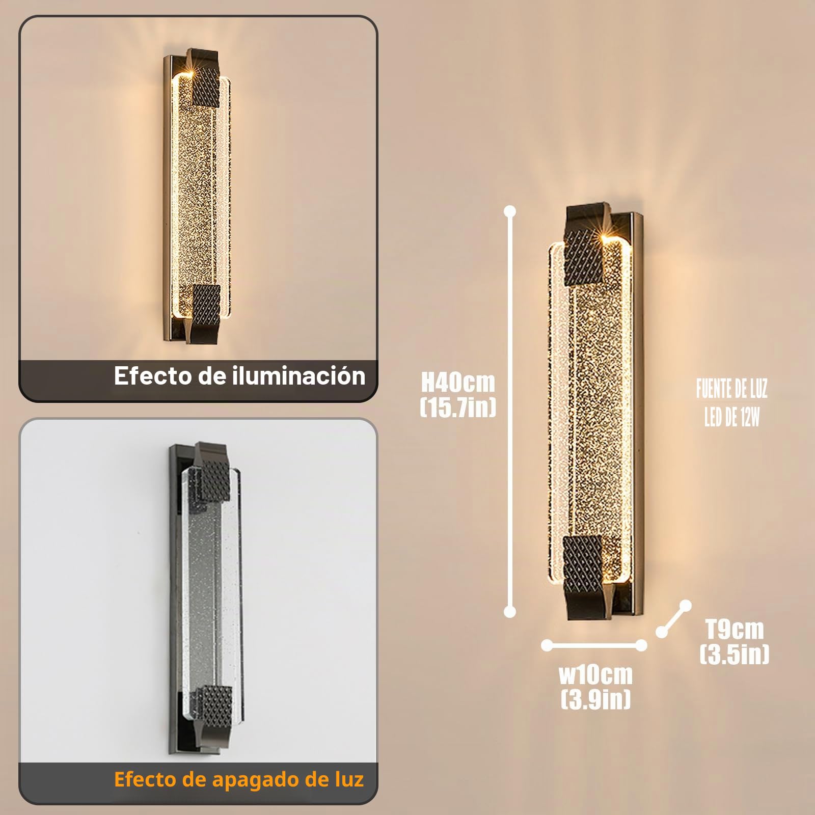 Aplique de Pared de LED Nórdico Lámpara de Pared de Cristal,Iluminación Tricolor (Cálida/Blanca/Neutra) para Sala de Estar Escaleras Dormitorio, Negro
