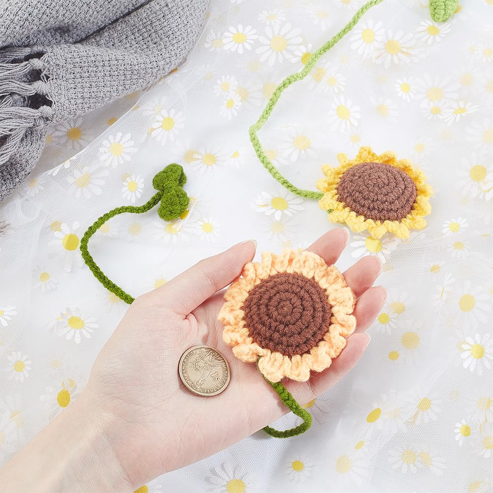 DELORIGIN 2pcs Sunflower Bookmarks 2 Styles Handmade Knitted Wool Bookmarks Curtain Ties Holdbacks Car Ornaments Flowers Book Marker Gifts for Students Teacher Readers Book Lovers Writers - Image 3