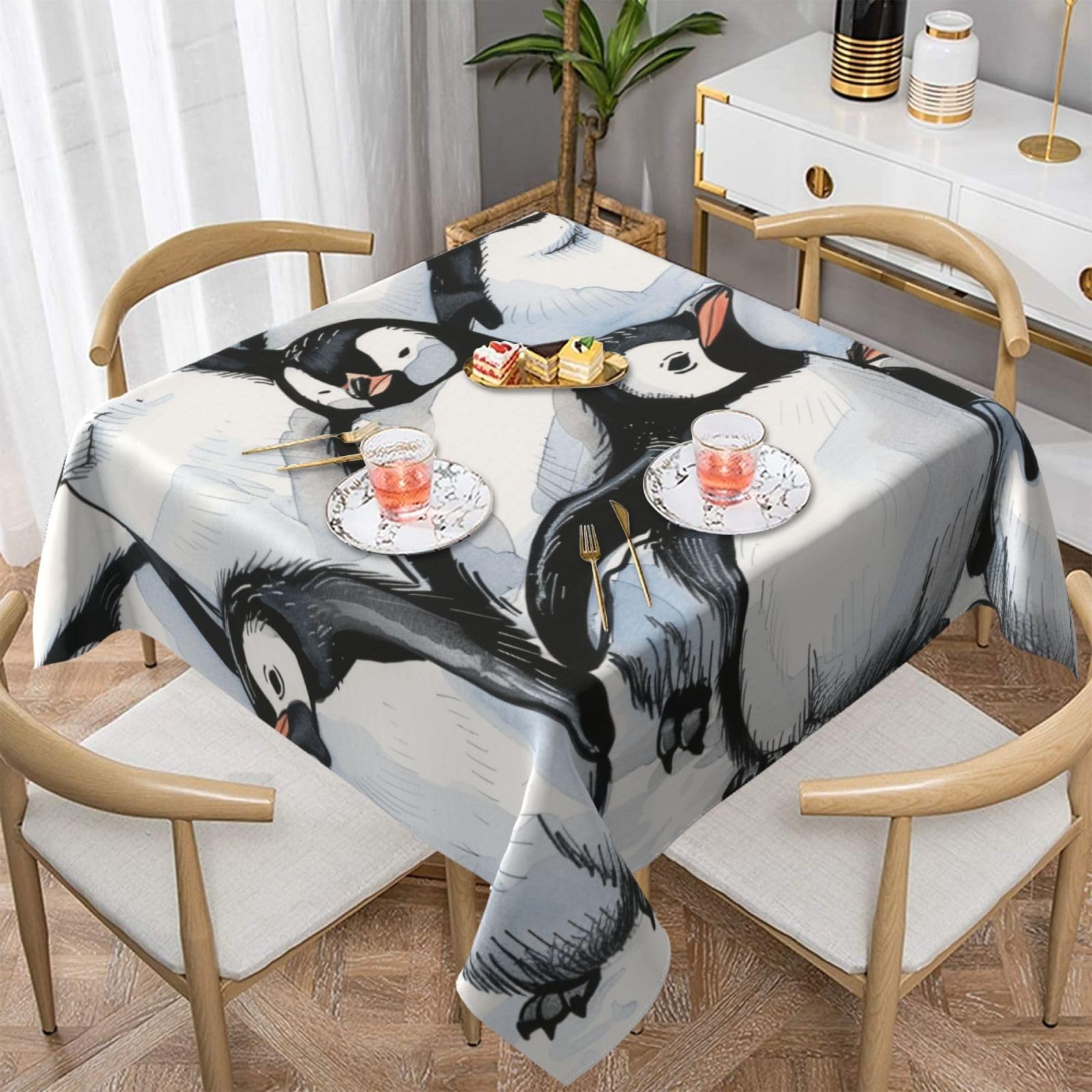 WPKJU Cute Baby Penguins Sketch Printed Square Tablecloth 54x54 inch Water Resistant Table Cover Washable Rectangle Table Cloth for Dining Tables